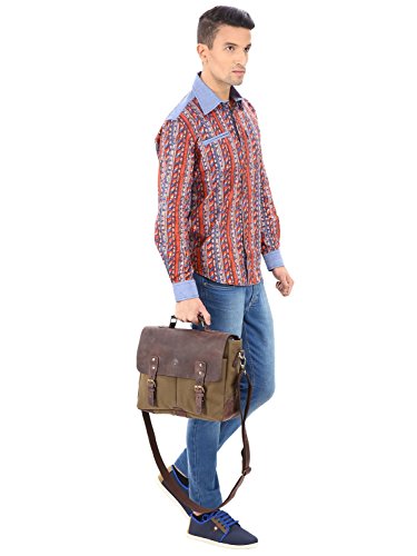 Leather Messenger Bag for Men, 14 Inch Canvas Laptop Bag, Vintage Satchel - color: Olive Green