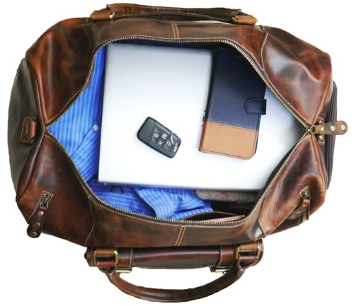 Genuine Full Grain Leather Carry On Travel Bag 21x11x10 with Trolley Straps, Shoe Compartment, Shoulder Strap by De Lira - Heritage Brown - color: Heritage Brown