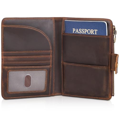 Polare Leather Passport Holder RFID Blocking Travel Bifold Wallet - color: Dark Brown with Zipper Pocket