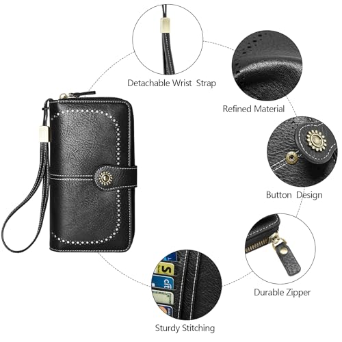 TFKGS Wallet for Women RFID Blocking Leather Large Capacity Card Holder Ladies Phone Clutch Travel Long Purse Wristlet | RFID Blocking - color: 1-Black