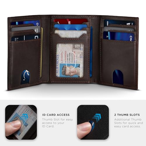 SERMAN BRANDS Trifold Wallet for Men - RFID Blocking Full Grain Leather, 11 Card Slots & ID Window, Slim Everyday Carry, Durable Stitching, Gift for Him - color: Texas Brown Denver