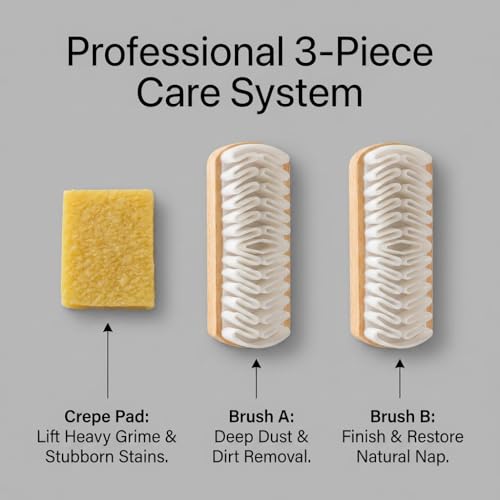 3Pcs Professional Suede Shoe Cleaner Kit, Wooden Suede Brush & Stain Eraser Set with Crepe Cleaning Pad, Nubuck Leather Care Tool for Winter Boots, Sneakers, Bags and Furniture
