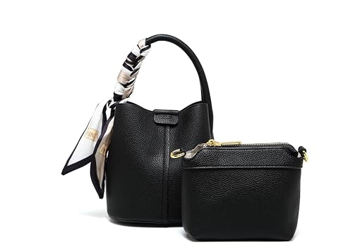 Women's Vegan Leather Bucket Purse with Braided Handle Charm, Mini Crossbody Gift Pouch & Strap - color: Black