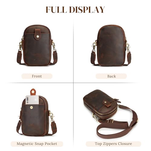 S-ZONE Small Crossbody Bags for Women RFID Blocking Leather Phone Purses | Crazy Horse Leather, Multi Pockets, Trendy Adjustable Wide Strap, Compact Shoulder Purse for Daily Dating Travel - color: Dark Brown