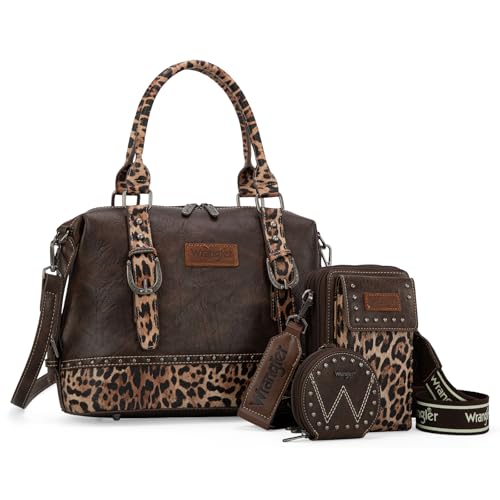 Wrangler 3Pcs Doctor Bag Sets for Women Top-handle Satchel Bag with Cell Phone Handbag and Coin Purse - color: Coffee Leopard