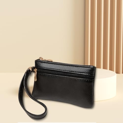 Slim Wristlet Keychain Wallet with Zipper PU Leather Double Layer Coin Pouch Holder Portable Wrist Strap Change Purse Leather Cash Organizer Case for Men Women Travel Credit Card(Black) - color: Black