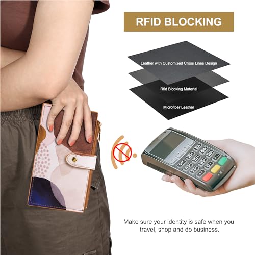 Travelambo RFID Wallet Women Large Size Bifold Multi Card Wallet Case with Zipper Pocke Credit Card Holder for Women - color: Brown Simple Abstract Art