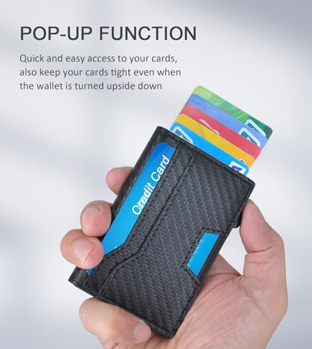 Kenpal Minimalist Wallet for Men, RFID Blocking Wallet with Money Clip, Pop Up Card Holder with Leather ID Window(Metal, Black CF)