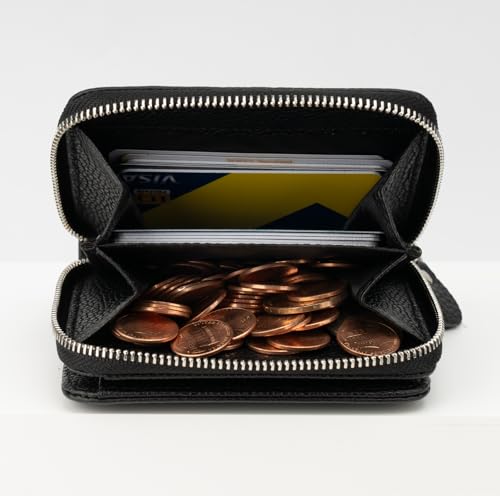 XINNSTAR Genuine Small Wallet for Women, Slim RFID Blocking Credit Card Holder with ID Window, Compact Purses for Women with 11 Card Slots - color: Black