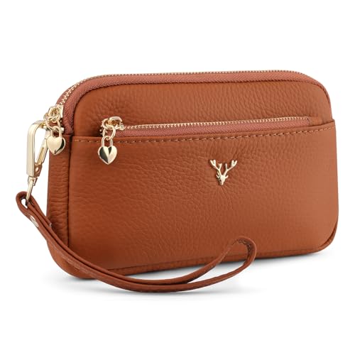Genuine Leather Wristlet Wallets for Women Clutch Purse with Detachable Strap Slim Phone Wallet for Travel Wedding - color: Brown