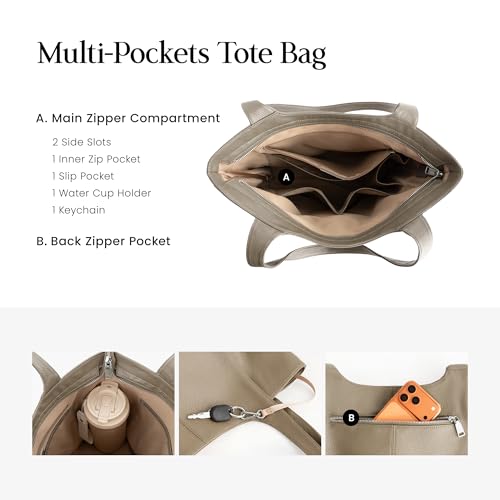befen Soft Genuine Leather Tote Bag for Women Work with Zipper Slouchy Bags | Real Leather, Slouchy Shoulder Bag, Cup Holder, Travel Purse, Handbag for Daily & Travel, Zipper Tote Bag - color: Taupe