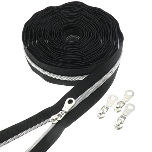 Leekayer #5 Silver Nylon Zipper Bulk 5 Yards Black Tape 10pcs Silver Slider - color: Black-Silver