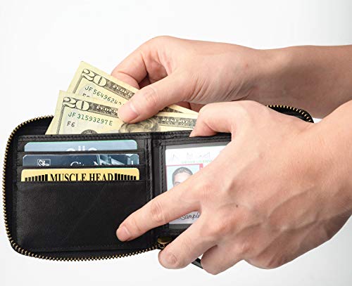 Genuine Leather Zipper Wallet With Coin Pocket, RFID Blocking Zip Around Front Pocket Bifold Wallet, Gift for Men - color: Black