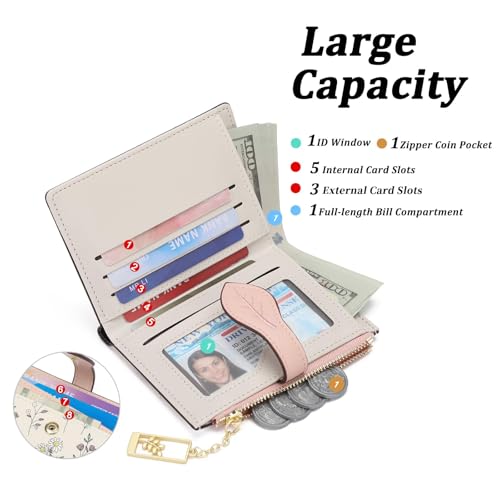GAEKEAO Small Wallets for Women RFID Blocking Bifold Floral Vegan Leather Wallet Card Holder with Zipper Pocket ID Window - color: A03-Pink