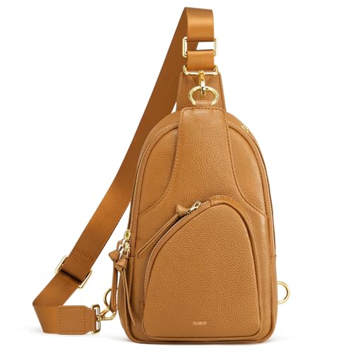 Kattee Sling Bag for Women, Leather Crossbody Bags for Travel, Brown | Top grain pebbled cowhide leather fanny pack crossbody purse. Small chest bag with RFID blocking for travel. - color: Brown