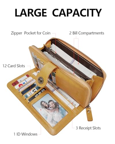 TFKGS Wallet for Women RFID Blocking Leather Large Capacity Card Holder Ladies Phone Clutch Travel Long Purse Wristlet | RFID Blocking - color: 1-Yellow