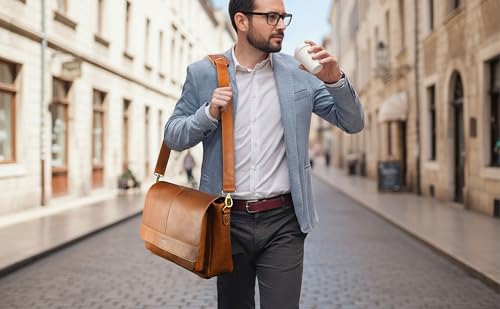 Genuine Leather Messenger Bag - Crossbody Briefcase Satchel Bag for Men & Women - Office, Work, Travel & Daily Use - color: Tan (Strap)