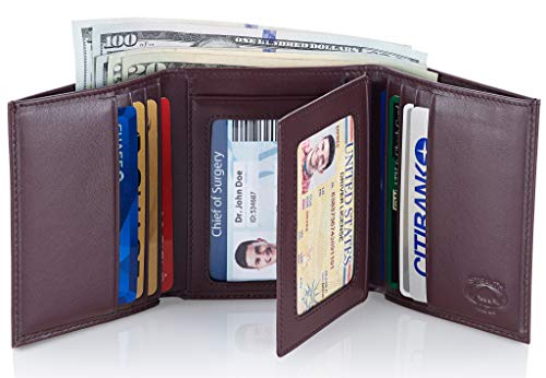 Stealth Mode Trifold Wallet for Men RFID Blocking – Genuine Napa Leather Extra Capacity Mens Wallet, 11 Card Slots, 3 ID Windows, Flip Out ID Holder, Large Tri Fold Leather Wallet for Men - Gift Ready - color: Brown