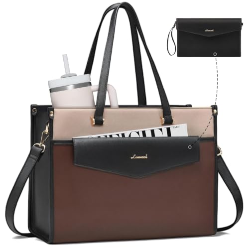 LOVEVOOK Laptop Tote Bag Women 2-in-1 Work Purse Computer Briefcase Handbag | Envelope Wristlet Clutch, Professional Work Bag for Business Office Teacher College Commute, Large PU Leather Messenger Bag - color: Khaki-coffee, size: 15.6 inch