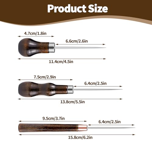 3 Pack Leather Awl Tool - Scratch Awl with Gourd Wooden Handle, Awl Tool for Leather Sewing, Craft, Shoe Repair