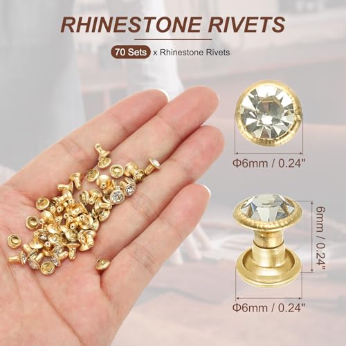PATIKIL 6mm Leather Rivets, 70 Sets Rhinestone Rivet Studs Double Cap Spikes Rivet for Leather Crafting for Decor Repair DIY Clothing Belts Bags Shoes, Transparent Gold Tone - color: Transparent, size: 6mm