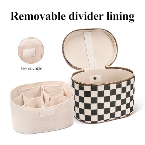honitty Makeup Bag, Checkered Make up Case with Compartments and Handle, Portable Cosmetic Organizer Bags,Toiletry Bag for Women - color: Cotton-Linen Plaid(7.6*5.5*6 in), size: M(7.6*5.5*6 in)