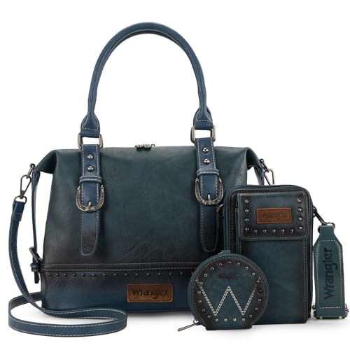 Wrangler 3Pcs Doctor Bag Sets for Women Top-handle Satchel Bag with Cell Phone Handbag and Coin Purse - color: Jet Oxford Jean