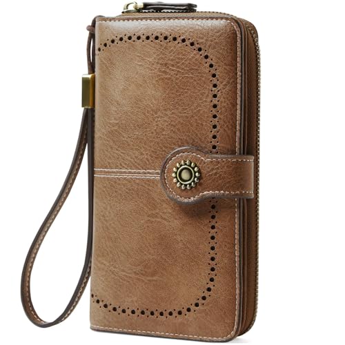 TFKGS Wallet for Women RFID Blocking Leather Large Capacity Card Holder Ladies Phone Clutch Travel Long Purse Wristlet | RFID Blocking - color: 1-Brown