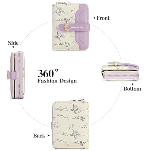 GAEKEAO Small Wallets Woman RFID Blocking Vegan Leather Bifold Floral Ladies Purse Card Holder with Zipper Pocket ID Window - color: Z-Purple
