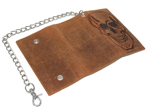 RFID Blocking Mens Tri-fold Long Style Crazy Horse Leather Steel Chain Wallet, (Skull Tan) - color: Skull Tan