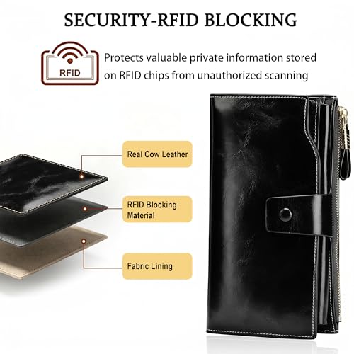 YALUXE Women's RFID Real Leather Wallet with 21 Card Slots Phone Pocket - color: 3- Waxed Black, size: Genuine Leather