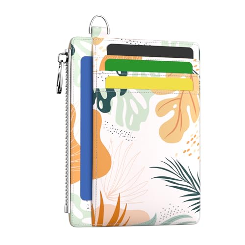 Hancynir Boho Leaves Slim Wallet Women Credit Card Holder, RFID Small Cute | Zipper Pocket Wallet, Thin Travel Coin Purse, Ladies Women Gifts, Minimalist Card Case, 6 Card Slots, ID Window, PU Leather - color: Boho Leaves