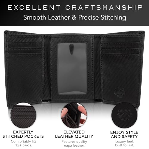 Stealth Mode Trifold Leather Wallet for Men with RFID Blocking (Carbon) | Top Grain Napa Leather, 9 Card Slots, ID Window, Gift Box – Gift for Dad, Husband, or Son - color: Carbon Fiber