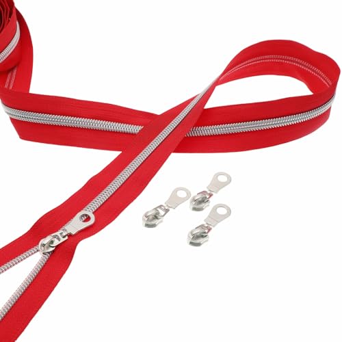 Leekayer #5 Silver Coil Zippers Bulk 5 Yards Red Tape 10pcs Silver Sliders - color: Black