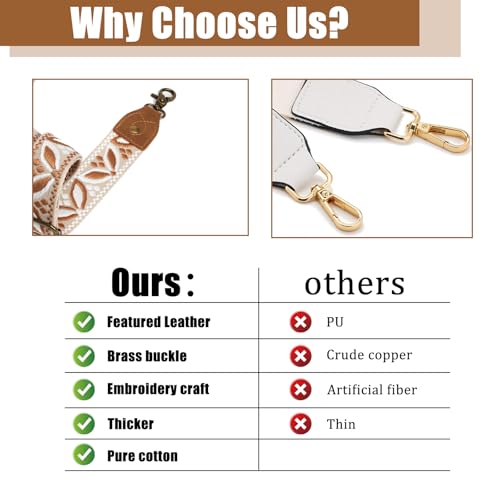 Purse Strap, 1.5" Cowhide Head Wide Shoulder Bag Strap Adjustable Replacement,Jacquard Embroidery Crossbody Bag Straps - color: Brownwhite Leave