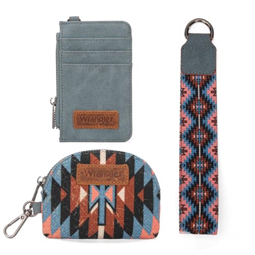 Wrangler Aztec Keychain Wristlet Wallets for Women Western Dual Pouch Wristlet Credit Card Holder Wallet with Zipper Pocket WG2213-W0051NY - color: Angel Navy