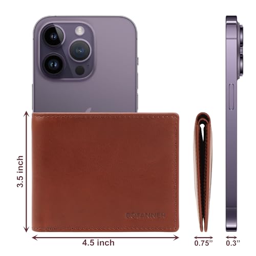 Genuine Leather Bifold Mens Wallet Slim RFID Blocking 5 Credit Card Slots 1 ID Window 2 Sections for Bills 2 Additional Slots | Dark walnut brown - color: Dark Walnut Brown, size: 5 Card + 1 ID
