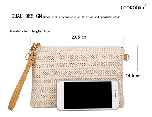 COOKOOKY Womens Straw Clutch Bag Bohemian Summer Beach Straw Purse Zipper Wristlet Wallets for Women - color: White