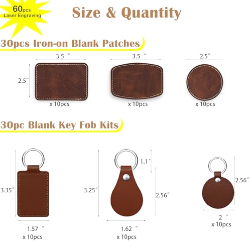 60 Pcs Lasable Engravable Blanks - Leatherette Iron on Hat Patches & PU Leather Key Fob Kit for DIY Custom Laser Engraving Craft Gifts - color: Brown Patches & Brown Keychains, size: 60 pcs