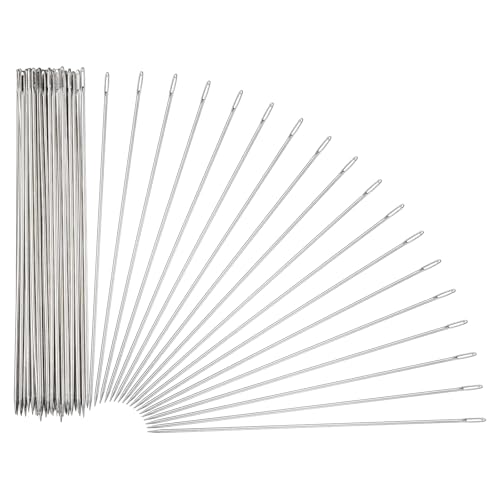 HARFINGTON 100 Pcs Sewing Needles 0.06 x 6 Inch Stainless Steel Big Eye Embroidery Thread Beading Leather Needle Upholstery Hand Sewing Awl for Art Craft Stitching Home Repair, Silver - size: 0.06 x 6 Inch