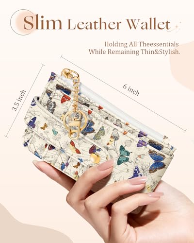 Slim Small Card Wallet for Women – Cute Card Holder Wallets with Keychain Credit RFID Blocking Holds 7 Cards, Leather Fashion Design for Female Ladies Teen Girls, Butterfly Flower