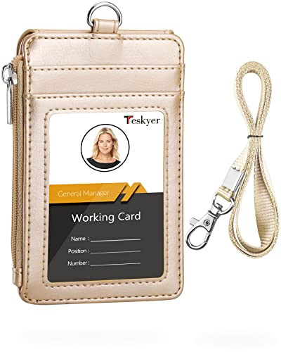 Teskyer Leather ID Badge Holder with Lanyard, Lanyard Wallet, Gold - color: Gold, size: 3.1" x 4.7"