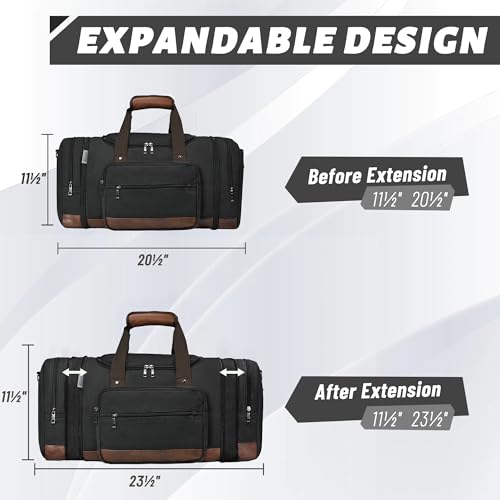 50L Expandable Canvas Duffle Bag Weekender Travel Carry On Gym | Large Capacity, Multiple Pockets, Detachable Strap, Travel Duffel Bags Women Men,Duffle Bags for Traveling - color: Black