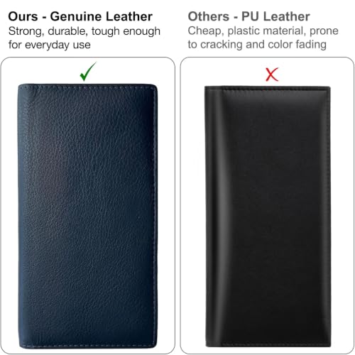 RFID Leather Checkbook Cover With Credit Card Slots and Pen Holder - color: Navy