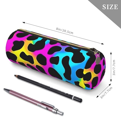 OSAM SPACE Leather Pencil Case Round Pencil Bag Leopard Print Rainbow Pen Organizer Holder Portable Zipper Pouch Cute School Supplies for Girls Boys Study Office - color: Leopard Print Rainbow