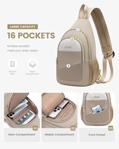 LOVEVOOK Sling Backpack for Women, Convertible Crossbody, Small Diaper Bag, Water-Resistant Hiking Daypack, Travel Shoulder Chest Bag - color: Beige, size: Small