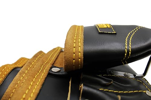 Leather Tool Pouch for Carpenter | Best for Electricians, Plumbers, Handyman and Framers | 10 Pockets with 2 Stainless Steel Hammer Holders - color: Yellow & Black