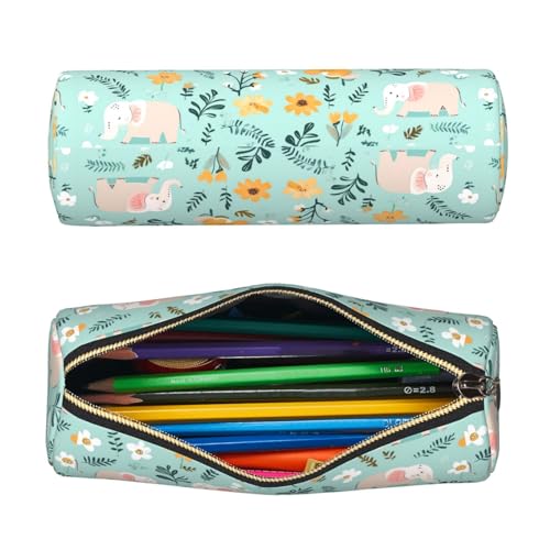 OSAM SPACE Leather Pencil Case Round Pencil Bag Cartoon Elephants Flowers Pen Organizer Holder Portable Zipper Pouch Cute School Supplies for Girls Boys Study Office - color: Cartoon Elephants Flowers