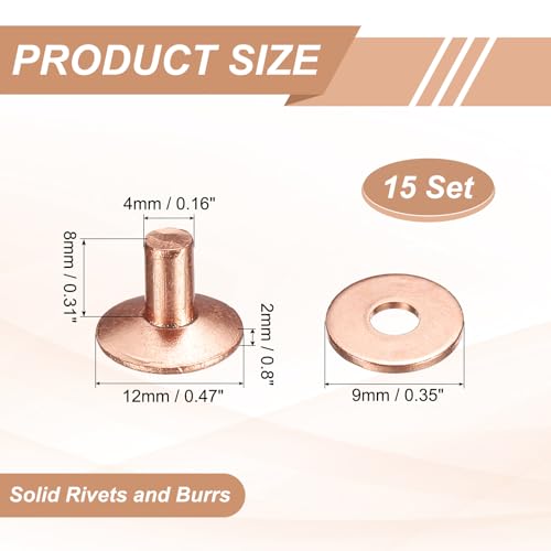 HARFINGTON 15Set Copper Rivets and Burrs Washers 12x4x8mm Dimpled Finish Solid Leather Rivet Fastener Studs Posts for Leather DIY Craft Belts Wallets Collars, Copper Tone - color: Copper Tone, size: 12x4x8mm