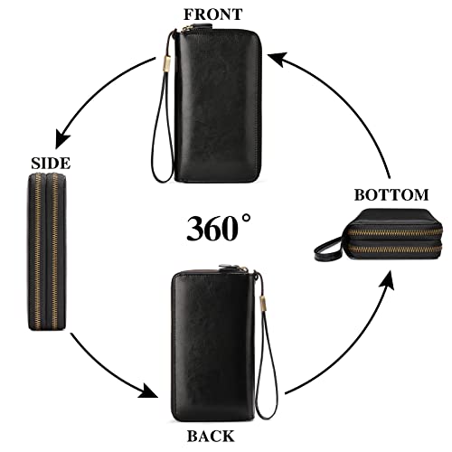 SENDEFN Leather Women Wallet RFID Blocking Zipper Around Phone Holder Clutch Wristlet Large Capacity - color: Elegant Black